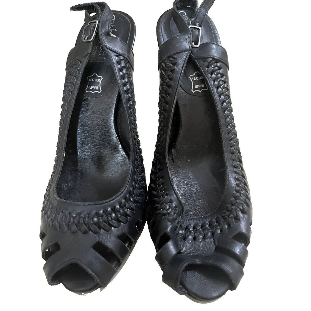 Cathy Jean Leather Peep Toe 7 Strappy Slingback Black VTG Y2K Braided 4" Heel